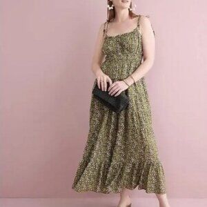 J. Crew Olive Green and Pink Floral Voile Tiered Maxi Sun Dress NWT